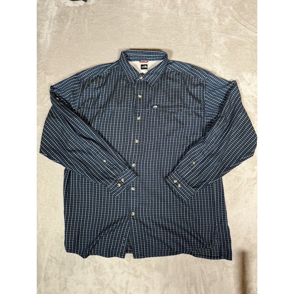 The North Face Mens L Blue White Check Cotton Blend Long Sleeve Button Up Shirt